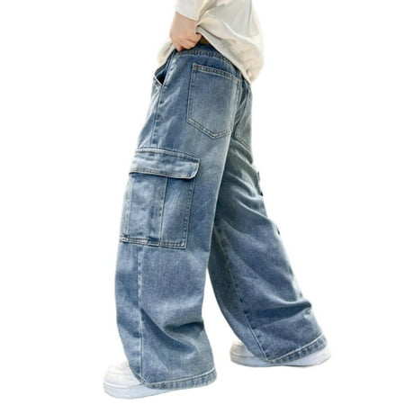 QNANSPI Jeans for Teen Boys Kids Cargo Jeans Big Kids Boys Denim Pants Elastic Waist Oversized Pockets Casual Wear 5-15 Years