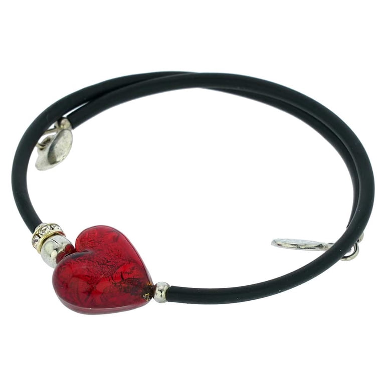 Handmade Murano Glass Heart Bracelet With Red Sparkles - Venetian Glamour, 8"