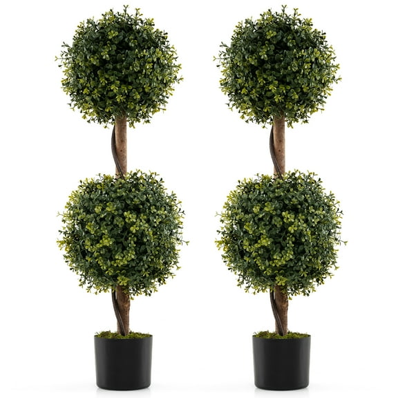 Gymax Set of 2 Artificial Double Topiary Ball Trees 3 FT Faux Boxwood Topiary Tree