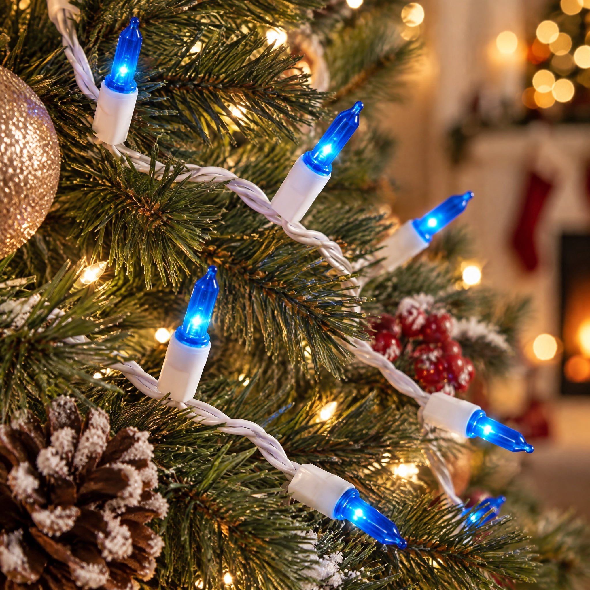 Indoor/Outdoor 50-Count LED Mini Christmas String Lights, Blue, White Wire, 9.5', by Holiday Time