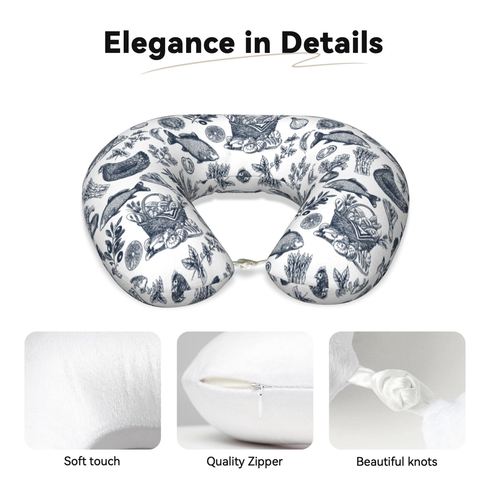 Xecao Chicken And Fish Print Memory Foam Cervical Neck Pillow Versatile U-Shaped Pillows for Home,Office,Camping,Travelling,Soft Washable Cover