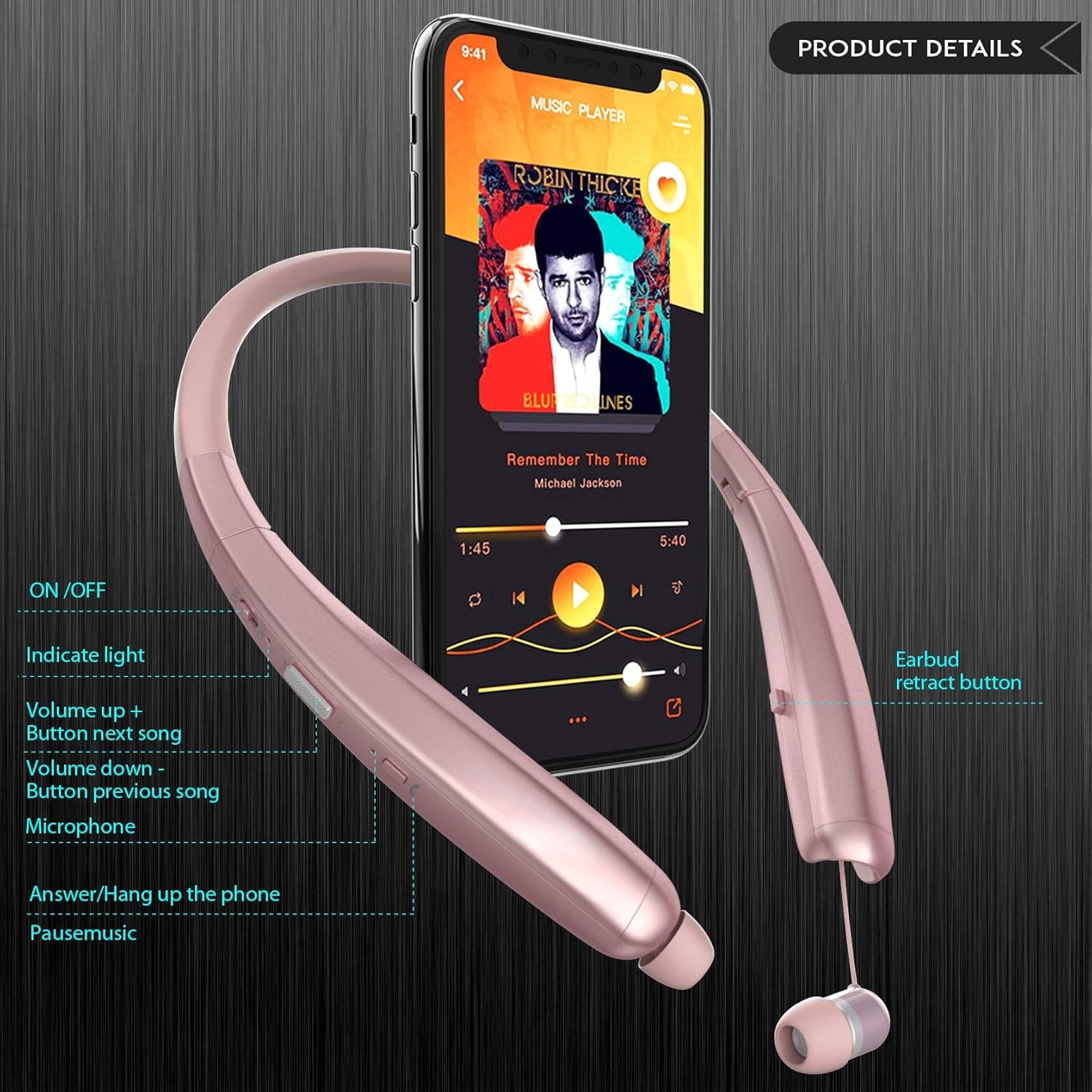 Foldable Bluetooth Headphones, Wireless Neckband Sports Headset with Retractable Earbuds, Sweatproof Noise Cancelling Stereo Earphones with Mic