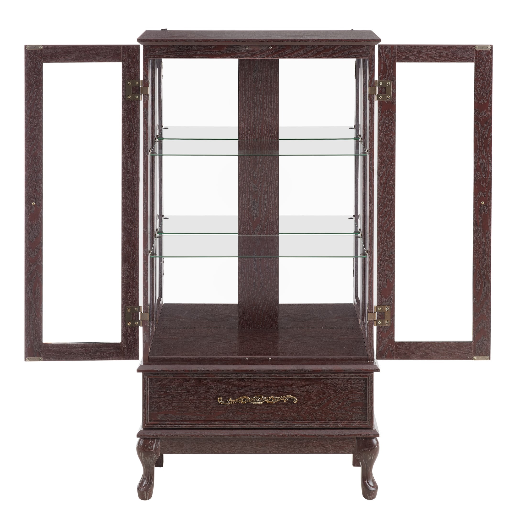 AENKYO Lighted Glass Display Cabinet, Stylish Glass Curio Cabinet with Adjustable Glass Shelves, Black Cherry
