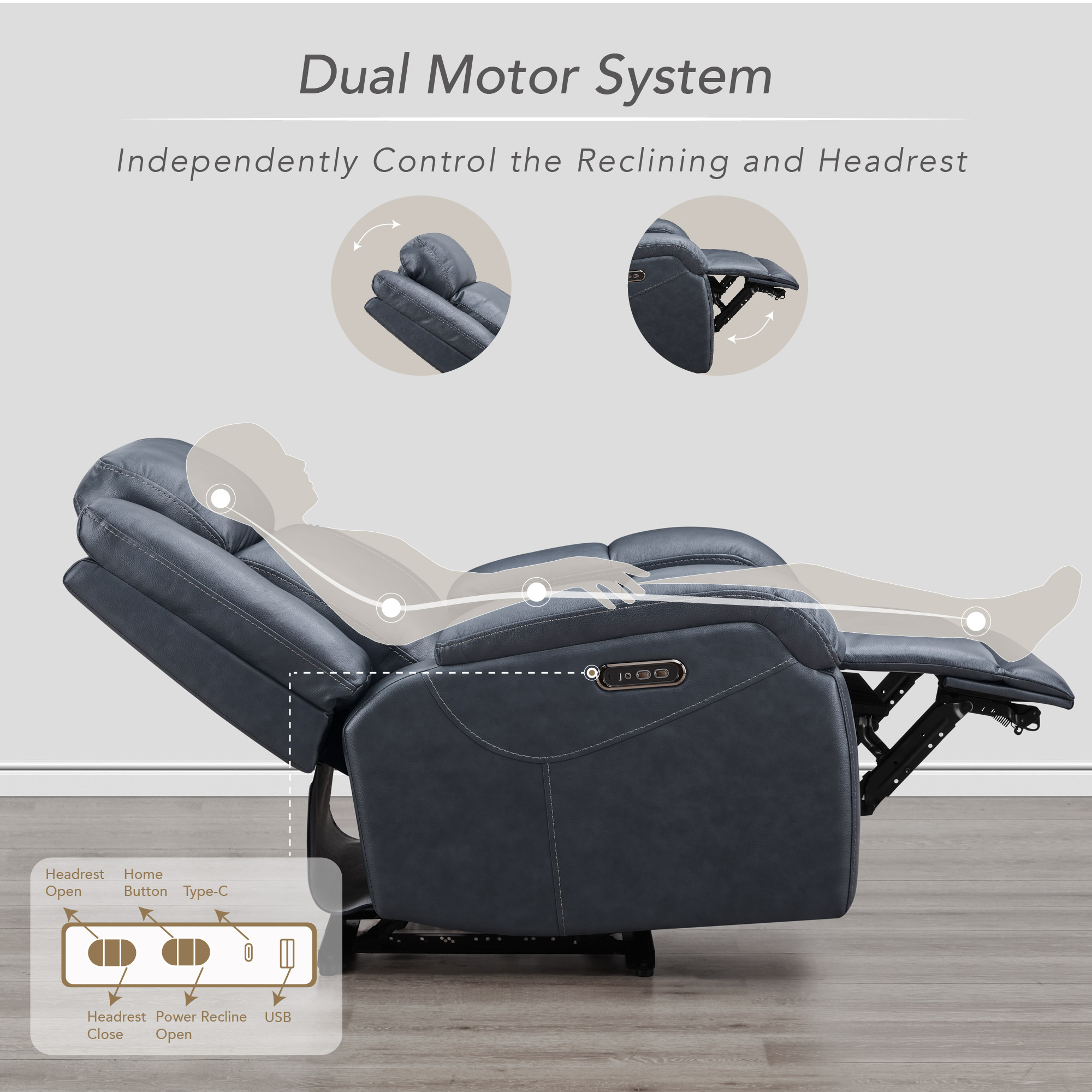 Spruce & Spring Genuine Leather Wall Hugger Power Recliner with Dual Motors, Navy-Medium