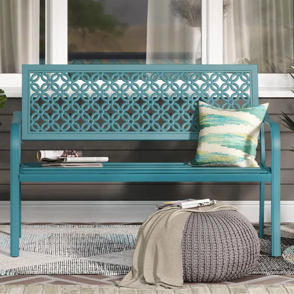 EVERITE Outdoor Steel Garden Bench ,Carved Floral Back Weatherproof Patio Seating,Blue