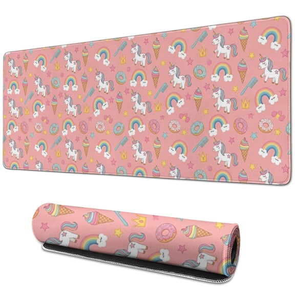 Long Mouse Pads for Desk,Pink Cartoon Unicorn Rainbow Donut Ice Cream Desk Mats on Top Of Desks, Desk Mouse Pad Extra Large with 3mm Non-Slip Base and Stitched Edge for Gaming,Work,Home 31.5"x11.8"