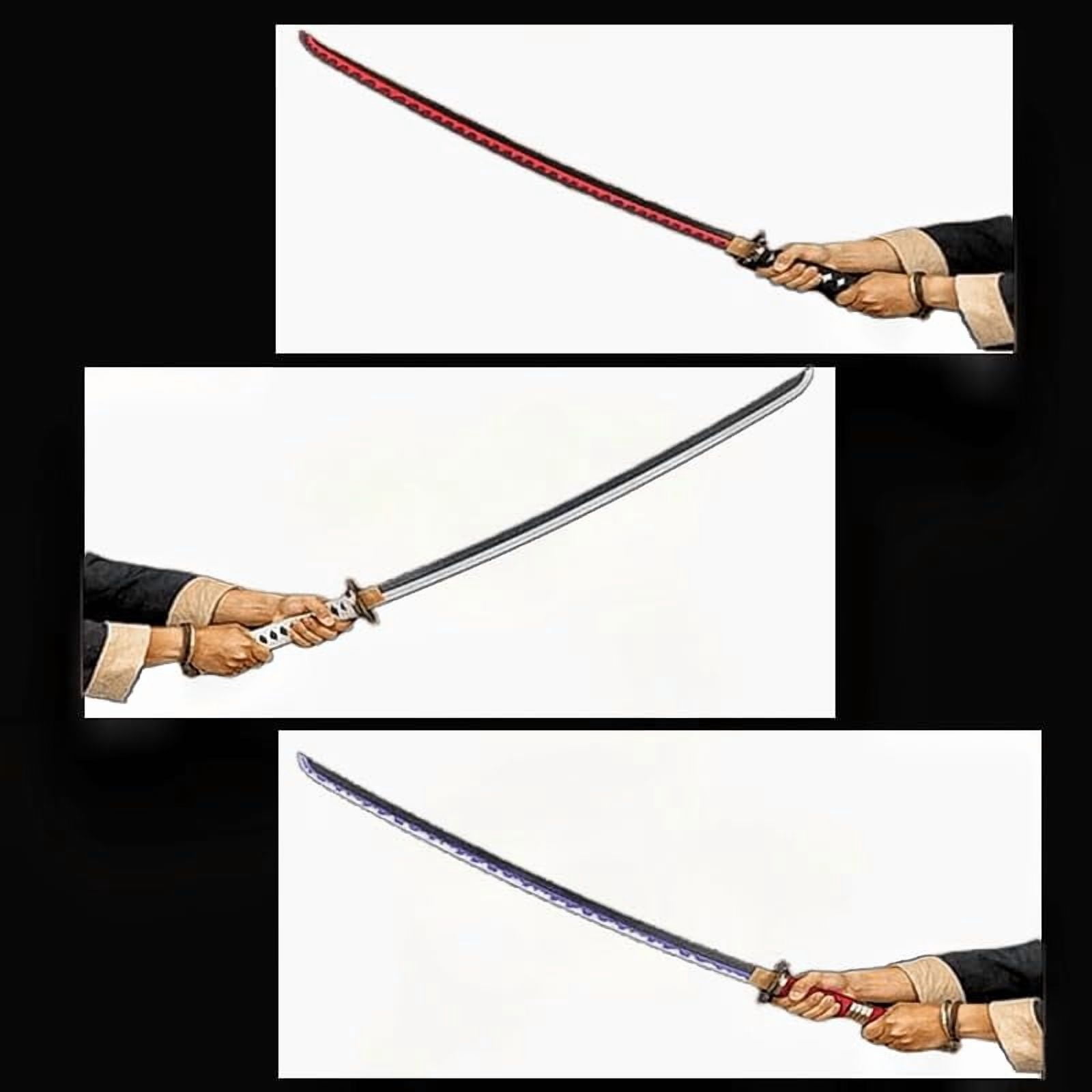41 inches Anime Bamboo Wooden Roronoa Zoro Sword Set, Shusui/Wado Ichimonji/Sandai Kitetsu with Black Belt and Holder Stand