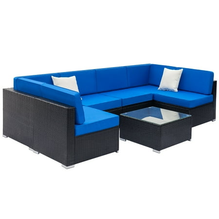 Backyard Pool And Patio Ideas 7 Piece Outdoor Patio Furniture Set, Patio Wicker Conversation Set w/ Coffee Table & Patio Sofa, All-Weather Rattan Sofa Sectional Furniture Set, Outdoor Couch Set for Backyard Pool, Black, W2243 ()