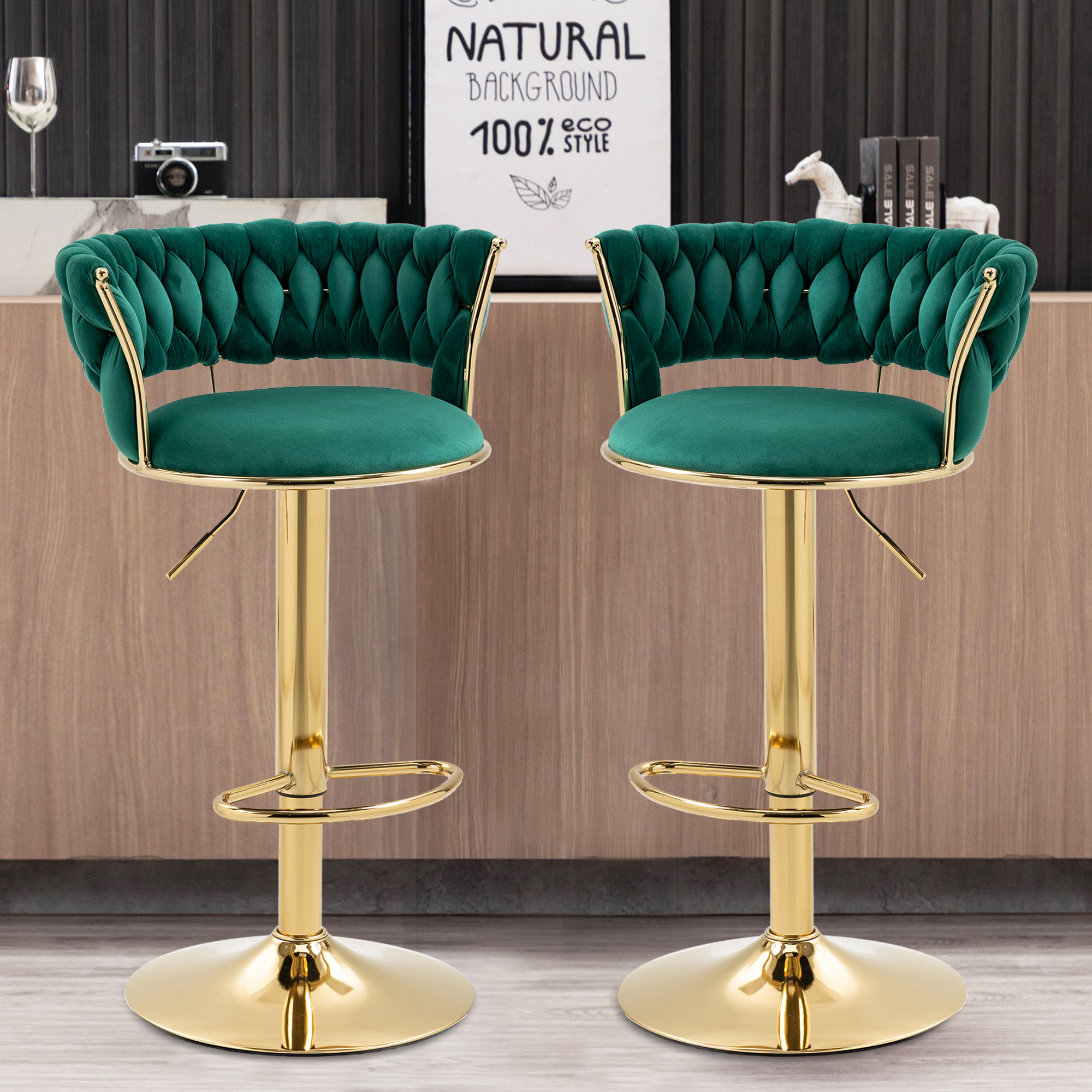 MOONMISS Velvet Swivel Bar Stools Set of 2, Adjustable Counter Height Bar Stool with Woven Back, Upholstered Kitchen Dining Chairs, Modern Barstools for Kitchen Island, Cafe, Pub, Bar Counter(Emerald)