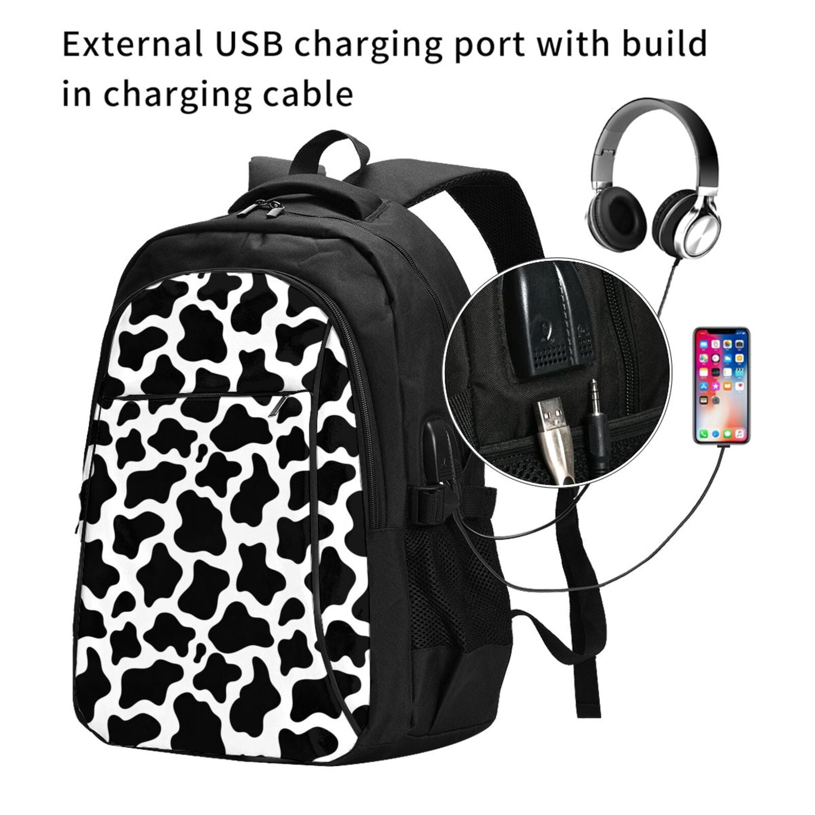 Horeoi Cow Print Black White Print USB Backpack for Travel School Work with Laptop Compartment Charging Port and Anti-Theft Pocket