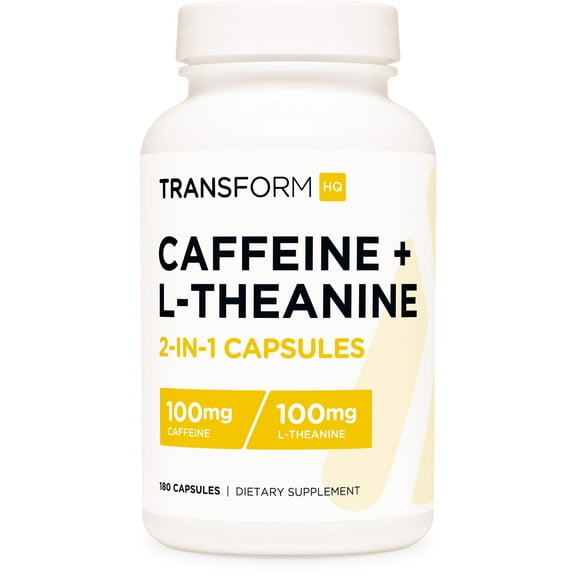 TransformHQ Caffeine & L-Theanine (100mg Each) 180 Caps - Gluten Free, Non-GMO