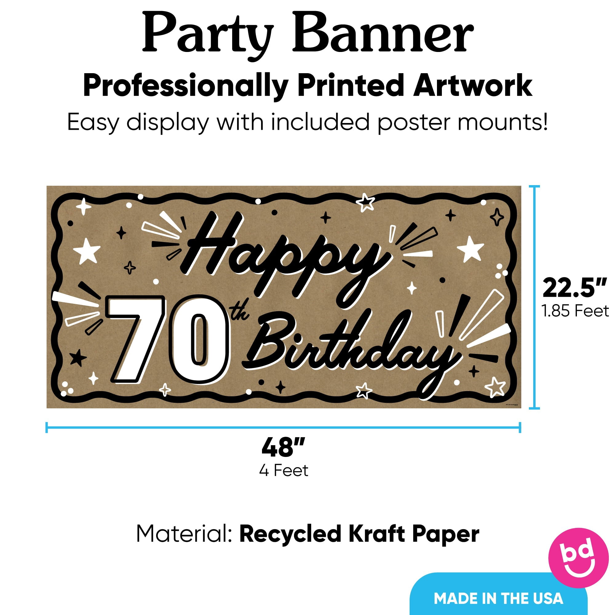 Big Dot of Happiness 70th Birthday Kraft Paper Banner, Black & White Happy Birthday Banner, Printed Brown Paper Party Sign Decoration – 1 Count