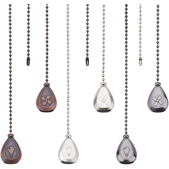 3 Sets 3 Colors Alloy Ceiling Fan Pull Chain Extenders with Iron Ball Chains Teardrop with Fan & Bulb Pendant Mixed Color 326x3mm 1 set/color