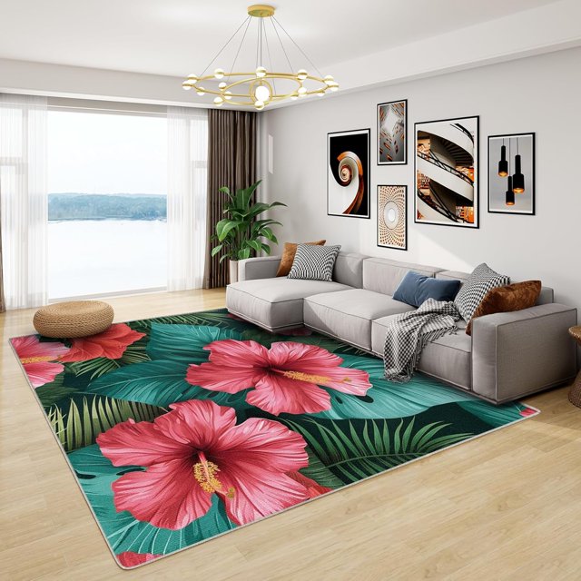 Tropical Floral Area Rug - 5x8 Rug - Floral Rug - Tropical Plant Tropical Flower Area Rug - Palm Leaf Botanical Rugs - Girls Red Flower Carpet