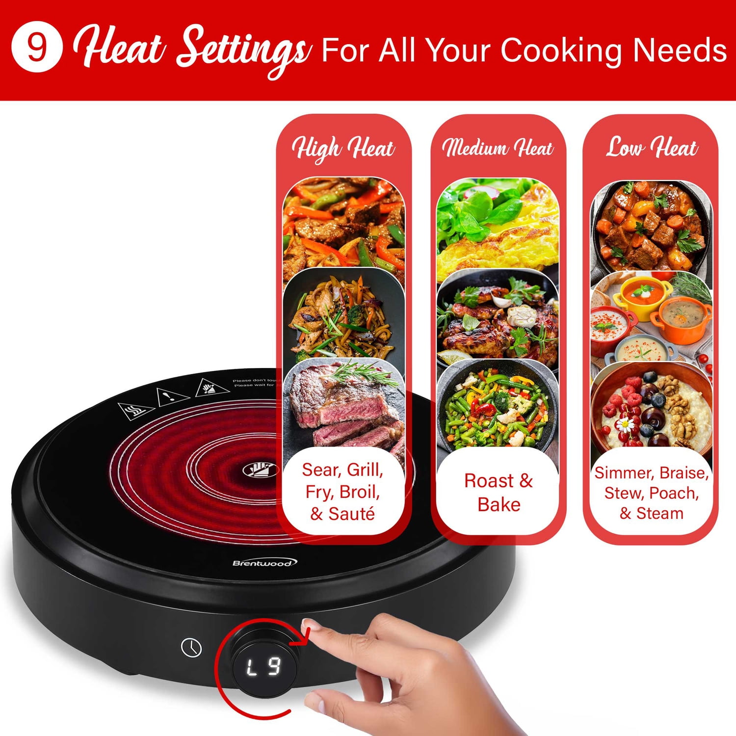 Brentwood Select 1,300-Watt 10-In. Countertop Ceramic Glass Cooktop Surface with Single 8-In. Infrared Burner, Black