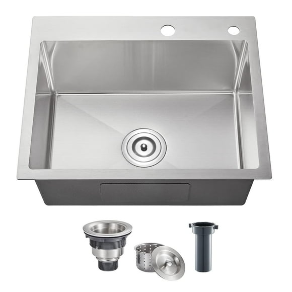 POPFLY 22” Kitchen Sink, 22 x 18 Inch Drop in 304 Stainless Steel Single Bowl Sink 2-Hole, Topmount Handmade Small Prep Bar Sink, Brushed