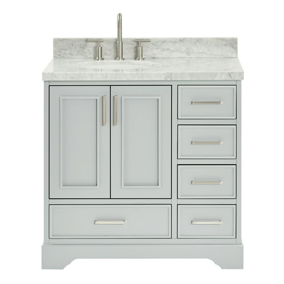 Ariel Stafford 37 Inch Single Left Offset Oval Sink Vanity With Carrara White Marble Countertop W/1.5" Edge In Grey