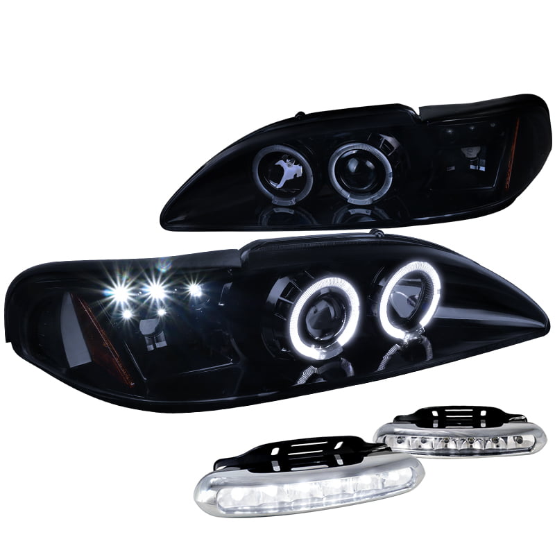 For 94-98 Ford Mustang Full Glossy Black LED Halo Projector Headlights Lamp Pair 