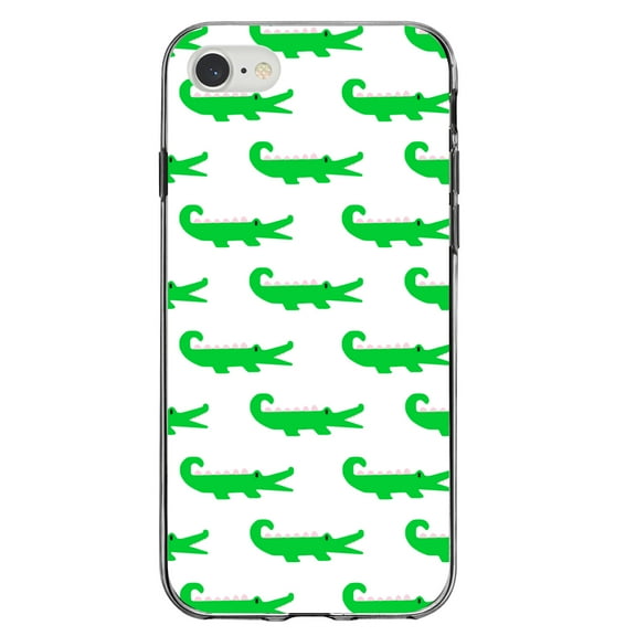 DistinctInk Clear Shockproof Hybrid Case for iPhone 7 8 SE (2020 Model) 4.7" Screen TPU Bumper Acrylic Back Tempered Glass Screen Protector - Green White Alligators - Cartoon Alligators