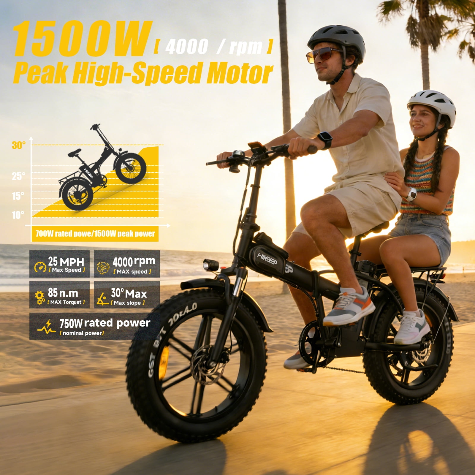 Step-Thru Folding Electric Bike for Adults, 20"×4.0 Fat Tire Ebike with Front Suspension, 48V 25Ah UL2849 Battery, 1500W Peak, 28MPH, Black