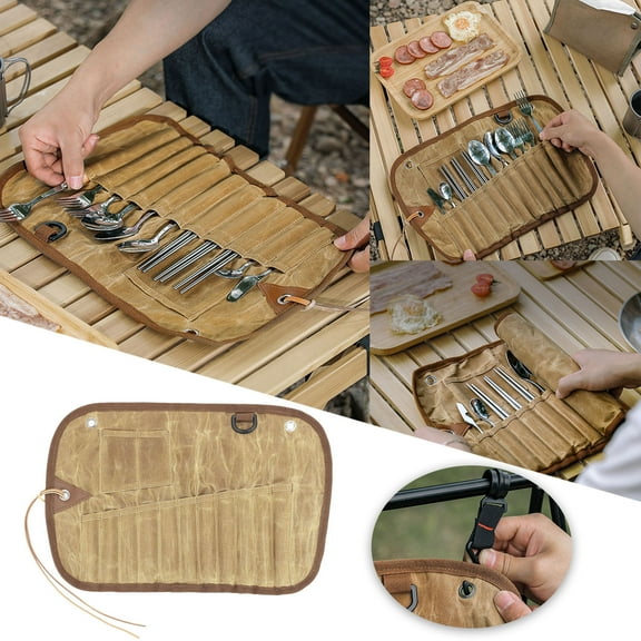 Roll Cutlery Storage Bag Portable Camping Picnic Tool Pouch Insulated Kitchen Organizer Waxed Canvas Travel for Chefs