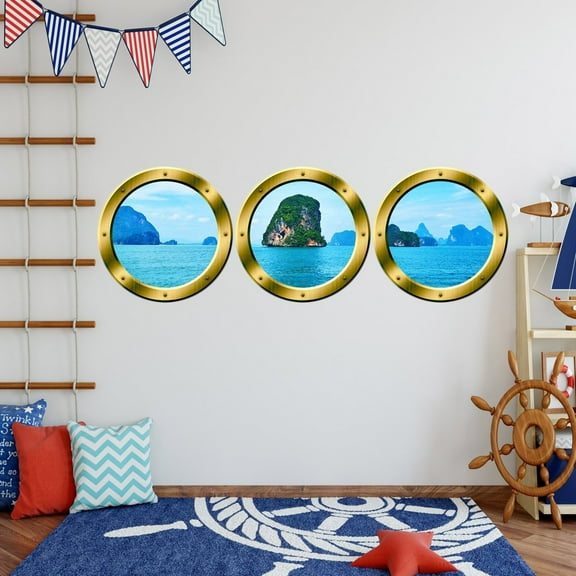 VWAQ PORTHOLES - Cruise Ship Decals, Tropical Island Wall Decor - VWAQ-SPW11 (14" Diameter, Gold)