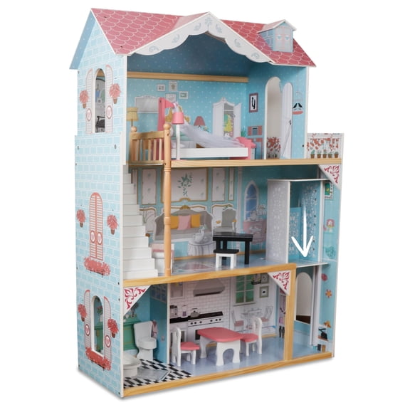 Lil' Jumbl Kids Wooden Dollhouse 3 Story X-Large with Elevator, Accessories and Furniture