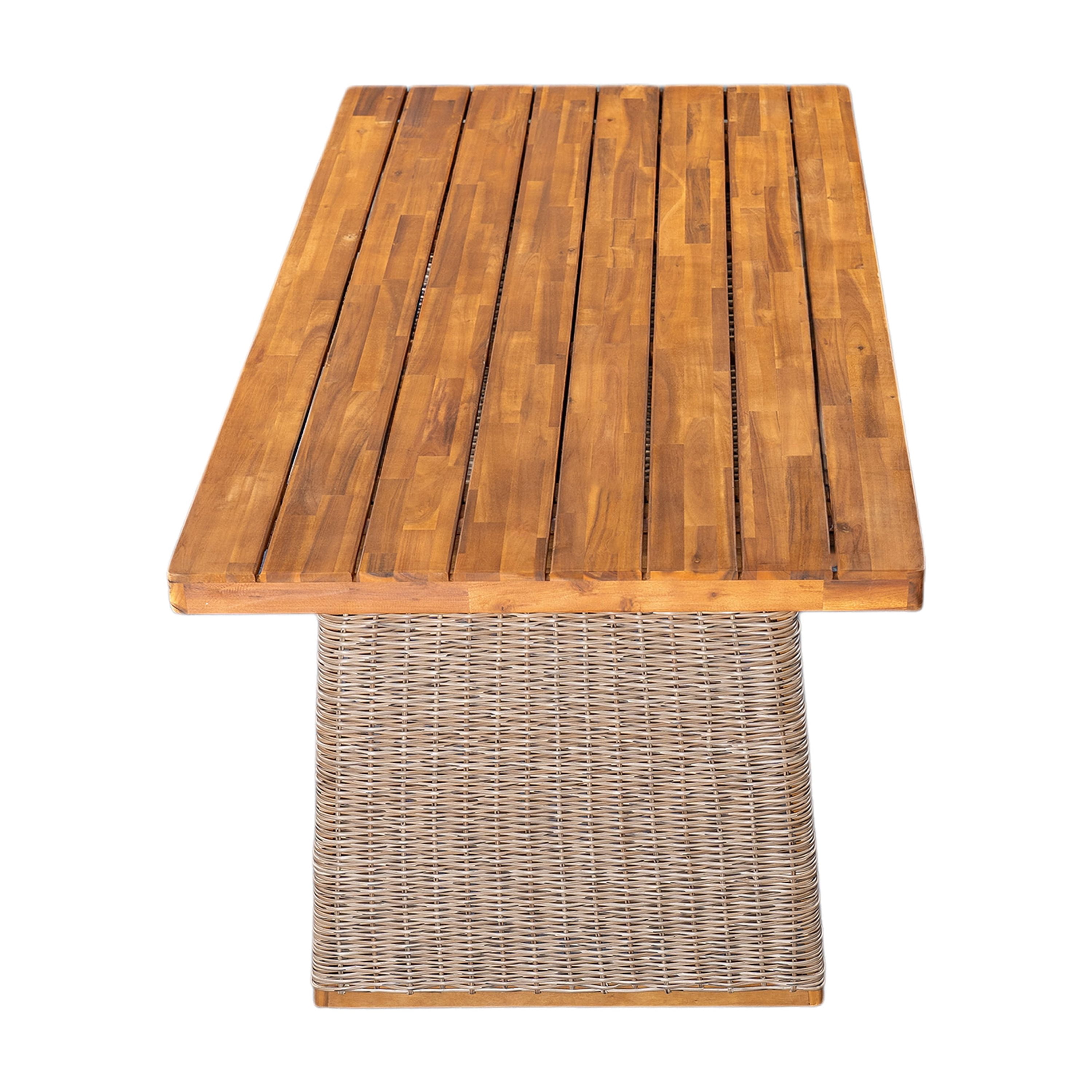 Dining Table, Outdoor Acacia Wood Table with Brown Wicker for Patio Garden, Teak