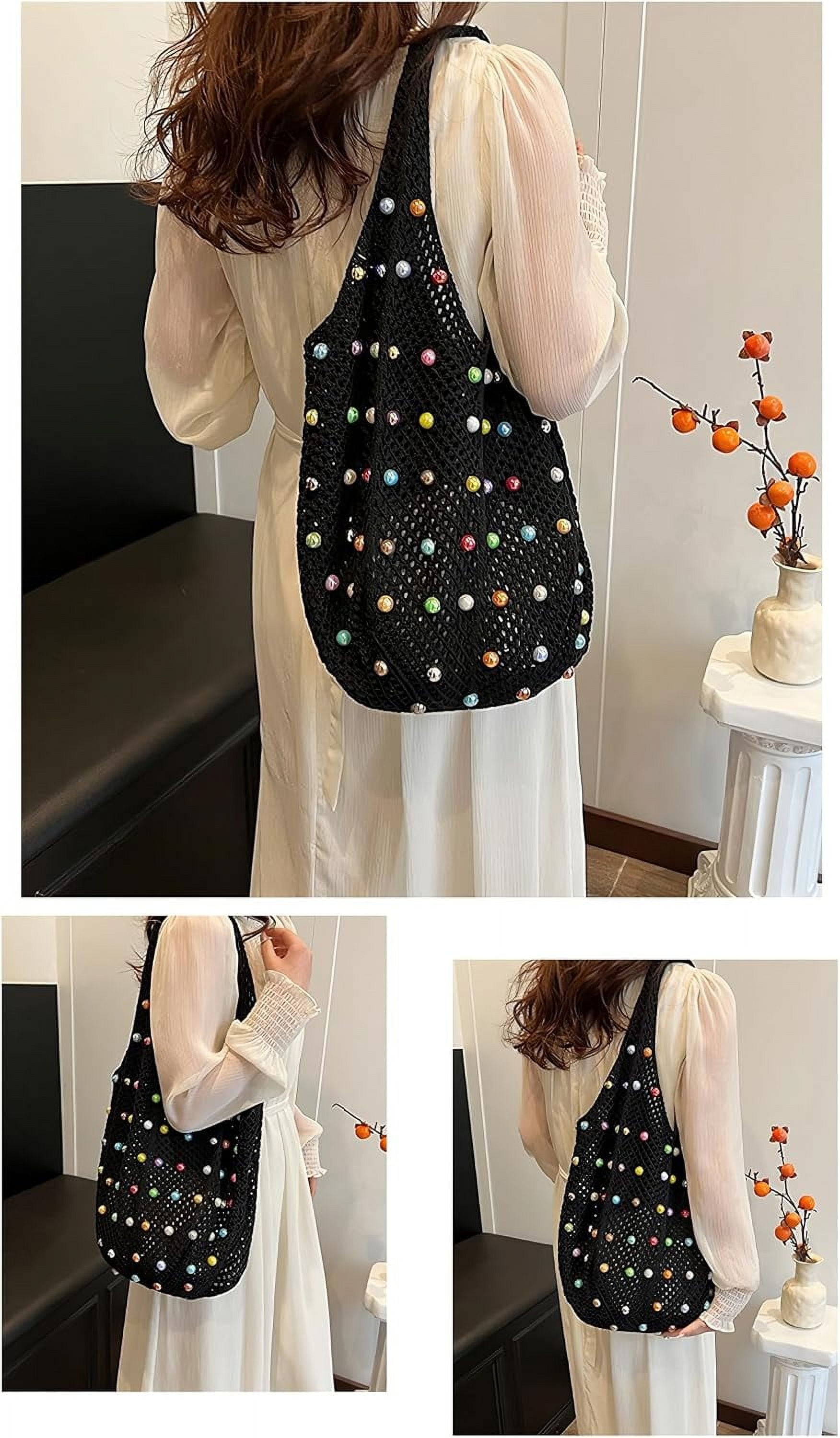 CAILDANL Boho Crochet Beach Tote Shoulder Bag with Colored Beads | Colorful Aesthetic Hippie Knit Bag for Women