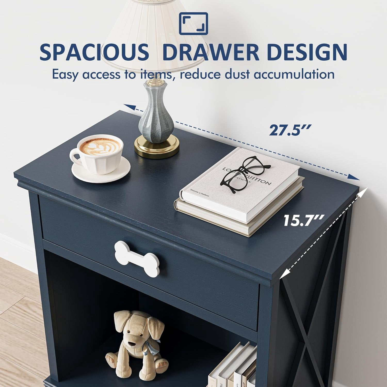 CozyHome Vintage Small Storage Cabinet with Led Light and Pet Bed, Hidden Cat Litter Box with Drawer and Semi-Open Space, Multi-Functional Nightstands with Pet House for Living Room, Bedroom, Blue