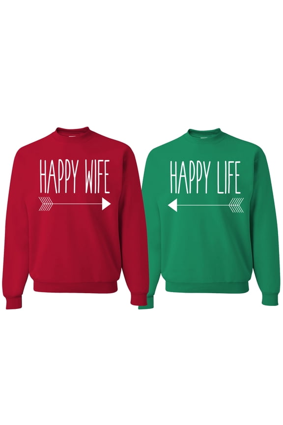 , Happy Wife Happy Life Couples, Matching Couples Crewneck Sweater, RedKelly, Mens 2XL-Womens 2XL