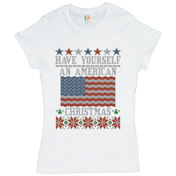 Tee Hunt Have Yourself an American Christmas T-Shirt Ugly Sweater Patriotic Women's T-Shirt Tee, White, Large