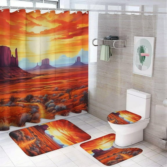 4Pcs Western Desert Shower Curtain Sets with Non-Slip Rugs,Toilet Lid Cover and Bath Mat,Vintage Sky Sun Nature Cactus Shower Curtain with 12 Hooks,Bath Shower Curtain for Bathroom Decor