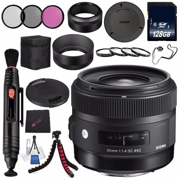 Sigma 30mm f/1.4 DC HSM Art Lens for Nikon #301306   62mm 3 Piece Filter Kit   128GB SDXC Memory Card   Lens Pen Cleane