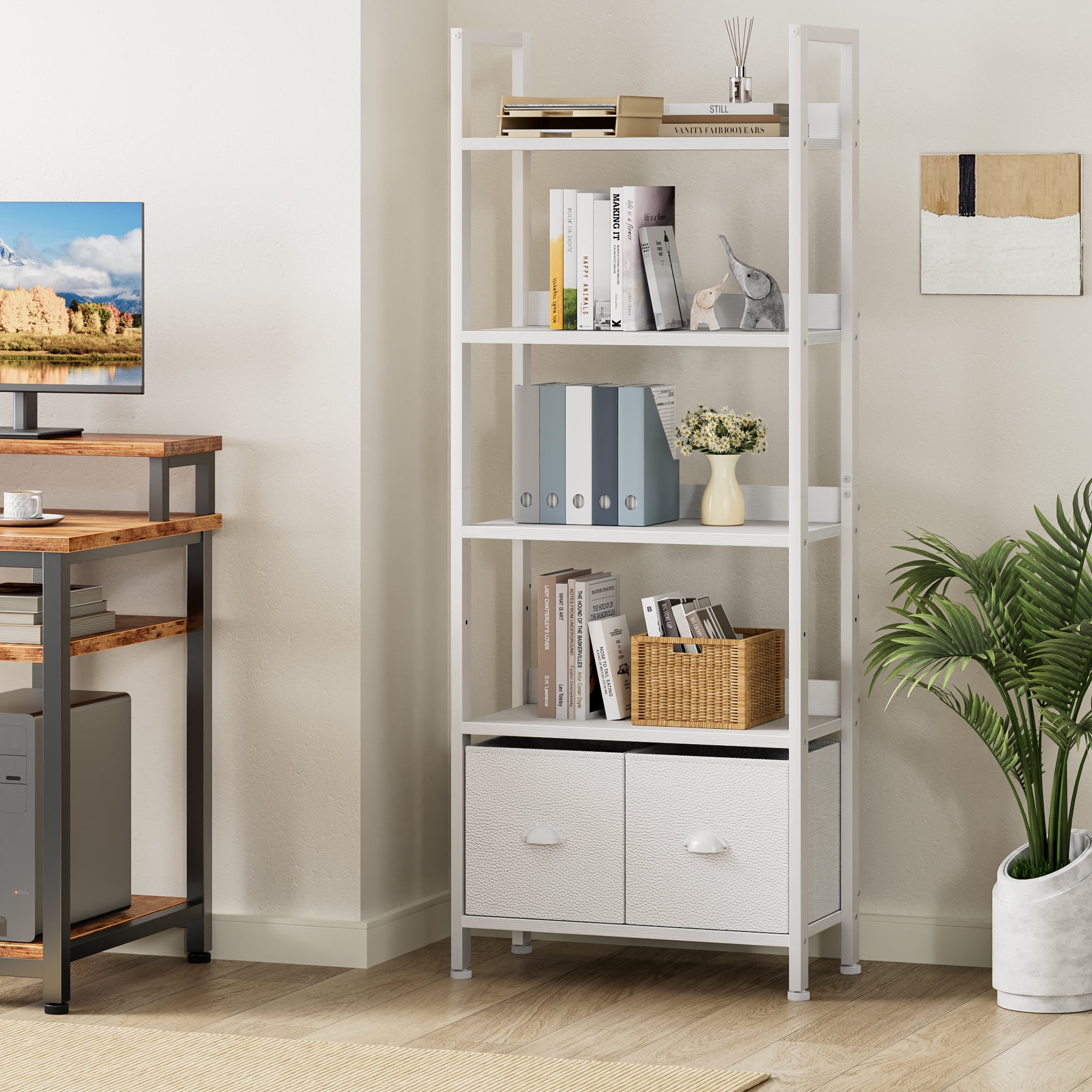 Satifur 5 Tier White Modern Bookshelf, Space-Saving Storage Rack with 2 Removable Drawers, Sturdy Structure for Bathroom, Home Office