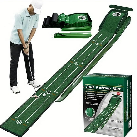 BYXAS Golf Putting Green Indoor Set,8 feet Putting Green Indoor, No Hump Golf Mat with Auto Ball Return - Easy to Fold Solid Wood Base Auto Ball Return,Suit for Men Gift Home Office