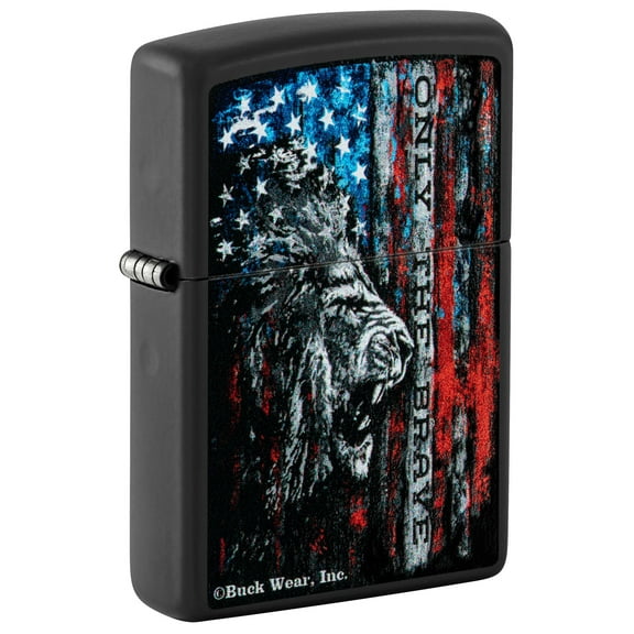 Zippo Lighter: Lion and Flag, Only the Brave - Black Matte 81501