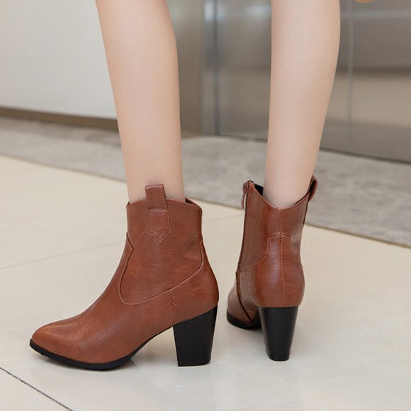 HKEJIAOI Booties for Women Women's Plus Size Fashion Stone Grain Point Toe Thick Heel Boots Zipper Booties