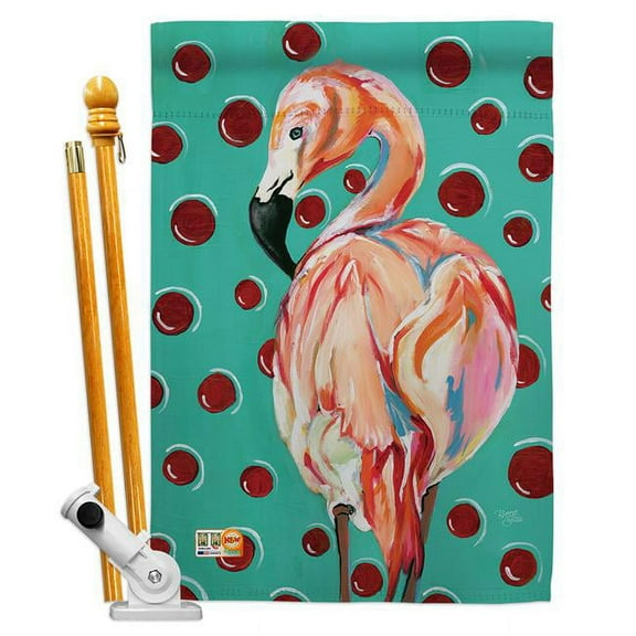 Breeze Decor BD-BI-HS-105048-IP-BO-D-US16-SB 28 x 40 in. Polka Dot Flamingo Garden Friends Birds Impressions Decorative Vertical Double Sided House Flag Set & Pole Bracket Hardware