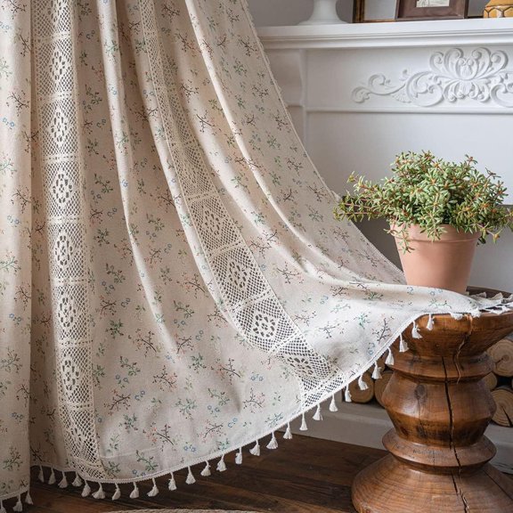 Crochet Lace Window Curtain Panel with Tassels Semi Sheer Hollow Curtains for Bedroom Living Room, 1 Pane Rod Pocketl