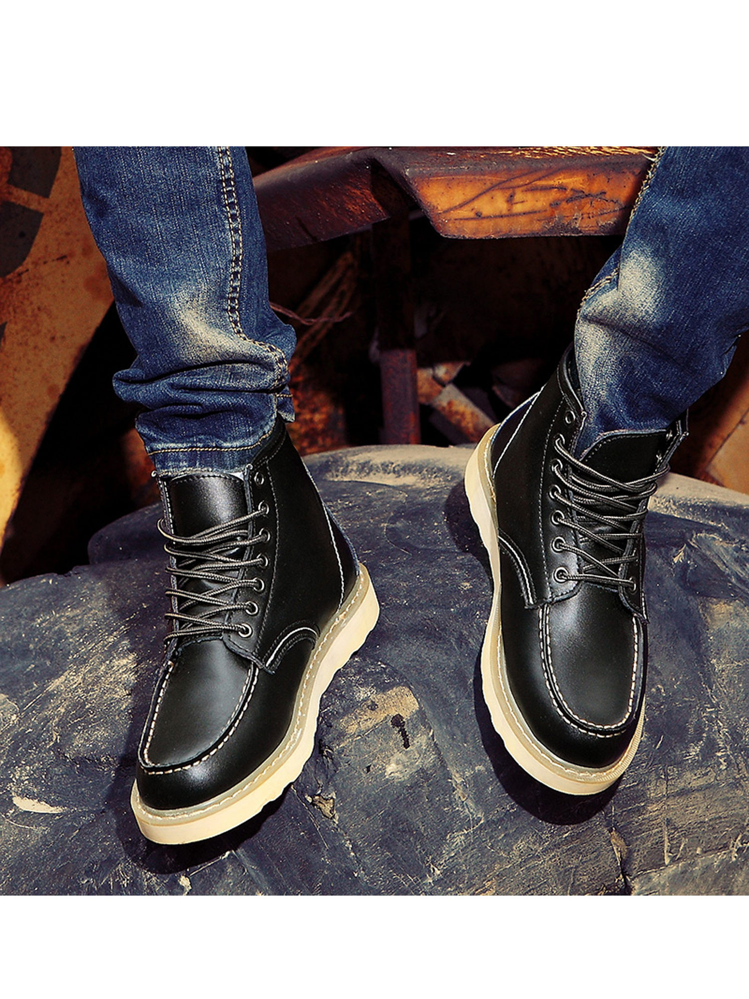 Avamo Men Leather Boots Motorcycle Shoes Boots Shoe Lace-Up Ankle Boot - image 3 of 4