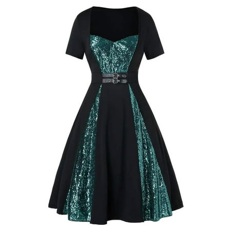 

Women Halloween dresses Retro Short Sleeve Sequined Waist V Neck Dress Vintage Dress Skirt