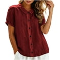 thumbnail image 4 of Yutgune Women's Trendy Cotton Linen Top Casual Solid Color Short-Sleeved Button-Down Blouse Collar Shirt, 4 of 9