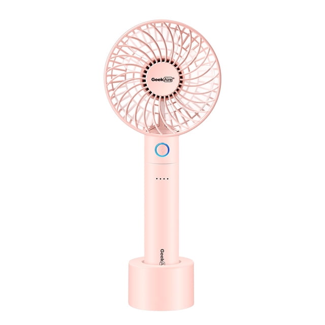 Geek Aire 2600mA Power Bank Fan, Rechargeable Mini Personal Handheld, Lithium-ion Battery, Charging Dock, 5 Speed Settings, Cordless, Pink