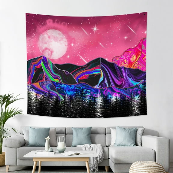 Blacklight Mountain Tapestry forest Tree and Moon Tapestries Wall Hanging Decor for Bedroom Living Room,60Wx50H