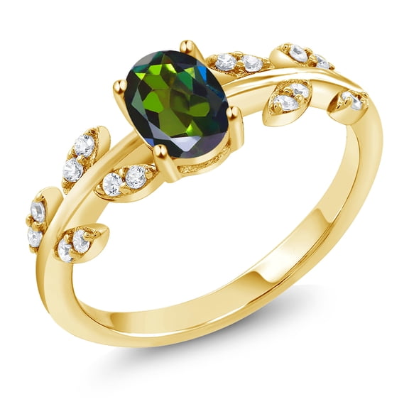 Gem Stone King 18K Yellow Gold Plated Silver 1.01Ct Oval Green Mystic Topaz Greek Olive Vine Branch Engagement Ring