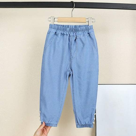 uublik Girls Pants 3-8 Years Elastic Waist Jeans Stretch Fashion Baggy Pants Child Trousers Light Blue