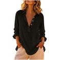 thumbnail image 3 of Tqcoqu Women's V-Neck Solid Color Blouse,Casual Loose Long Sleeve Button Down Linen Shirt top,Black Women's S-XXL, 3 of 7