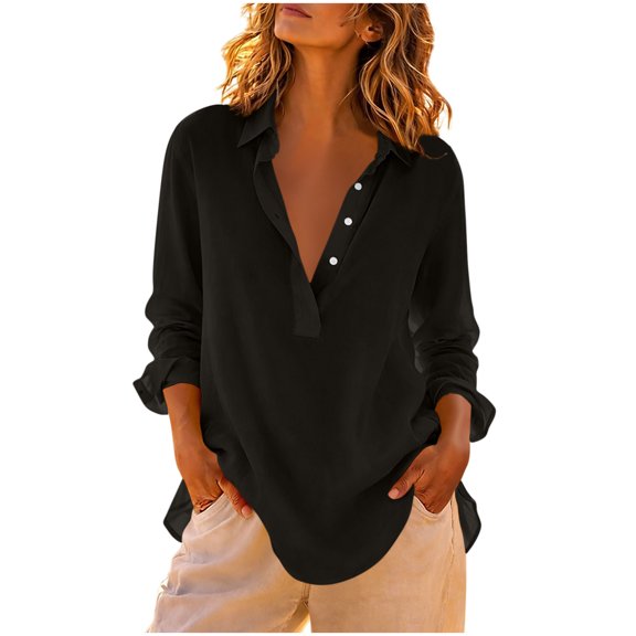 PADFRYBK Casual T-Shirt For Women Crew Neck Long Sleeve Tops Solid Color Button-Up Top