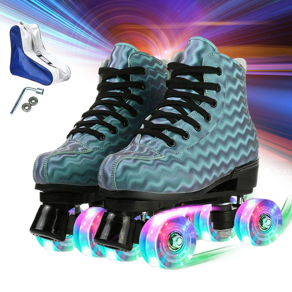Roller Skates for Women Green PU Leather High-top Roller Skates Double-Row Wheels for Beginner Outdoor with Shoes Bag Professional Boys Girls Indoor